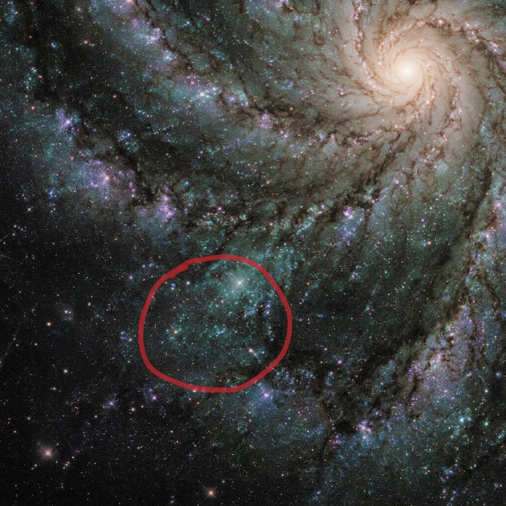 A close-up print of a spiral galaxy with one outer arm circled in red marker