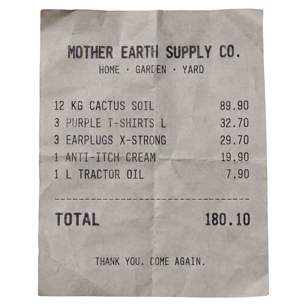 A worn, slightly folded store receipt from Mother Earth Supply Co. listing cactus soil, purple t-shirts, extra strong earplugs, anti-itch cream and tractor oil